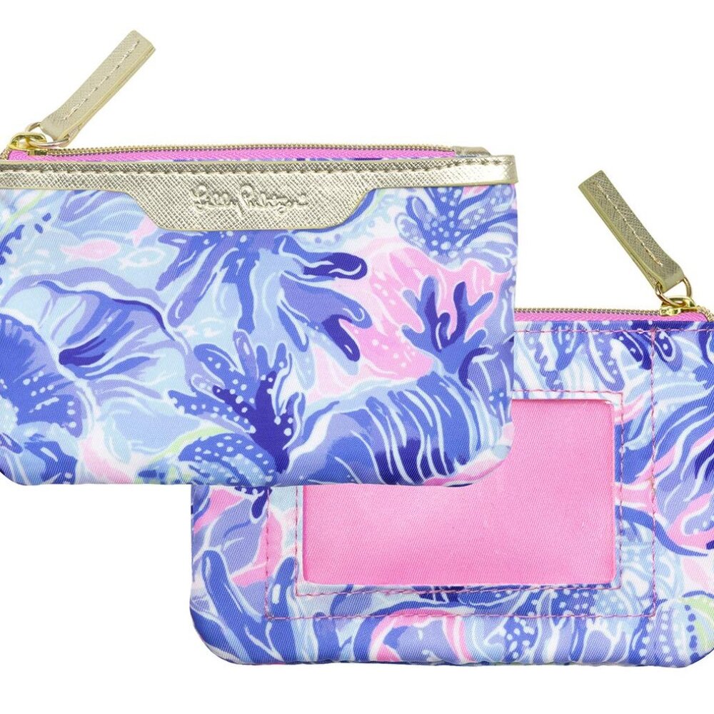 Lilly Pulitzer Shade Seekers Pink & Blue ID Coin Purse Key Ring Gold Accents